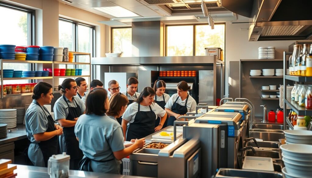 A bustling commercial kitchen, illuminated by warm, natural lighting filtering through large windows. In the foreground, a group of attentive restaurant staff engage in a training session, discussing proper food handling techniques and safety protocols. In the middle ground, shelves are neatly organized with color-coded containers, and a state-of-the-art dishwashing station operates efficiently. The background showcases a well-stocked pantry, with ingredients arranged in an orderly fashion, conveying a sense of control and accountability. The overall atmosphere exudes a culture of professionalism, attention to detail, and a deep commitment to safeguarding the health and safety of both staff and customers.