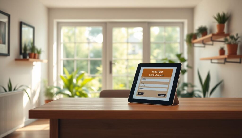 A clean, well-lit room with a warm, inviting atmosphere. In the foreground, a wooden desk with a clean, minimalist design, upon which sits a digital tablet displaying a "Free Pest Control Quote" form. Behind the desk, a large window overlooking a lush, verdant garden, bathed in soft, natural light. On the walls, simple, tasteful artwork and shelves holding a few potted plants. The overall impression is one of professionalism, efficiency, and a commitment to providing excellent customer service.