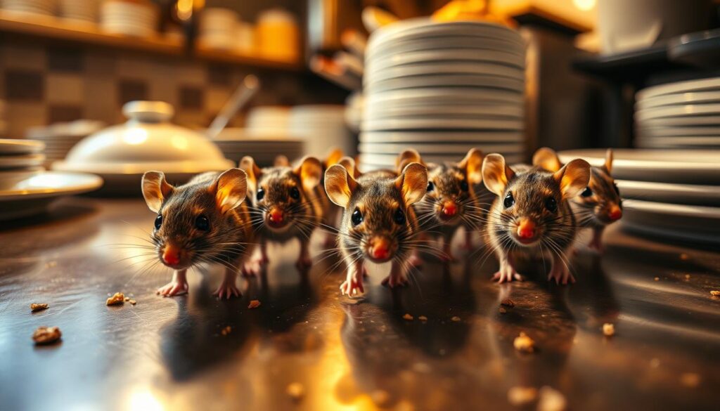 A close-up view of a group of curious mice scurrying across a kitchen counter, their beady eyes and twitching whiskers illuminated by warm, soft lighting. The mice appear cautious yet determined, casting furtive glances as they search for crumbs or scraps of food. The countertop is cluttered with dishes and utensils, hinting at the need for a professional exterminator to address this unwelcome pest problem in a busy restaurant setting.