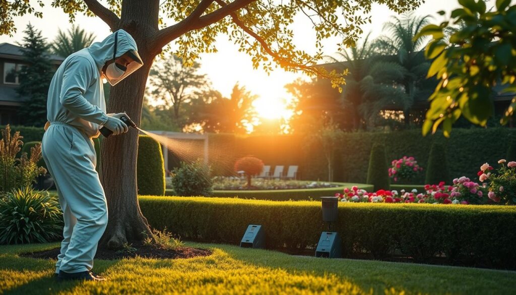 A lush, meticulously maintained backyard, with a focus on effective pest control measures. In the foreground, a person in a protective suit and mask is carefully applying a natural insecticide spray to the base of a tree, effectively eliminating a wasp nest. The middle ground features strategically placed traps and lures, discreetly blending into the well-manicured landscape. In the background, a serene garden oasis, with vibrant flowers and neatly trimmed hedges, creating a tranquil atmosphere. Soft, warm lighting from the setting sun casts a golden glow, while a slight breeze rustles the leaves, conveying a sense of calm and control over the yard's pest problem.