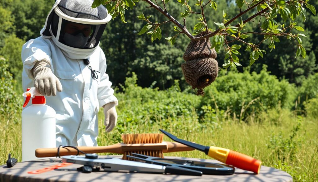 A well-equipped worker stands in a bright, natural setting, donning a sturdy white protective suit, thick gloves, and a mesh-screened hat to safeguard against aggressive wasps. In the foreground, an assortment of tools - a long-handled brush, a spray canister, and a pair of tongs - lie ready for the task of safely removing a wasp nest perched on a tree branch. The background depicts a lush, verdant landscape, conveying a sense of caution and preparedness amidst the serenity of the outdoors.