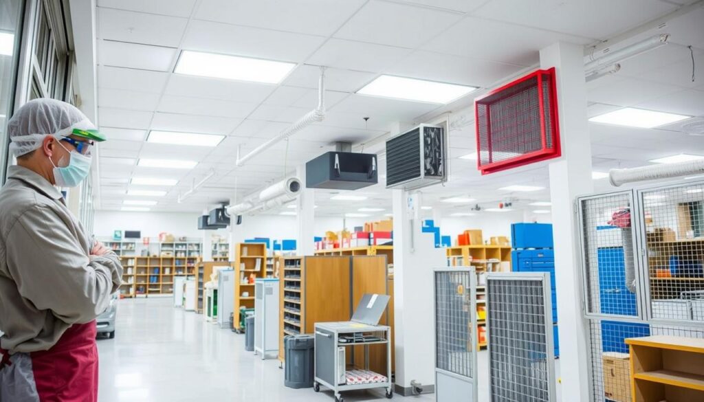 A well-lit commercial interior, with a focus on sealing various entry points for pest control. In the foreground, a technician in protective gear carefully applying caulk or sealant around windows, doors, and other vulnerable openings. In the middle ground, different types of mesh screens, covers, and other barriers are being installed over vents, pipes, and other potential access points. The background features shelves, storage units, and other typical commercial fixtures, conveying a sense of a professional, organized workspace. The lighting is bright and even, creating a clean, clinical atmosphere that emphasizes the importance of thorough, effective pest management solutions.