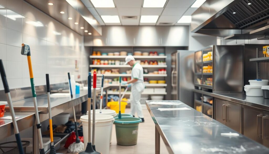 A well-lit commercial kitchen with stainless steel countertops, mops, buckets, and cleaning supplies arranged neatly in the foreground. In the middle ground, a worker in a white uniform thoroughly scrubbing down surfaces with a sponge, maintaining impeccable sanitation standards. The background features shelves stocked with food items, conveying a sense of a professional, hygienic food preparation environment. Soft, even lighting illuminates the scene, creating a clean, organized, and efficient atmosphere suitable for a modern, high-quality food service establishment.