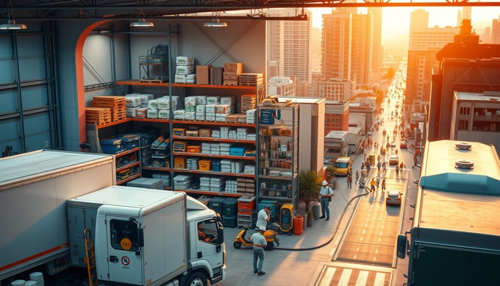 a highly detailed, cinematic image of a commercial pest management services operation, featuring a modern, well-equipped warehouse-style facility in the foreground, with trucks and technicians in professional uniforms working on pest control equipment and materials. The middle ground showcases a variety of pest control tools, traps, and treatments neatly organized on shelves, while the background depicts a bustling urban landscape with high-rise buildings and busy streets, all bathed in warm, golden evening light. The overall mood is one of professionalism, efficiency, and a commitment to providing reliable, state-of-the-art pest control solutions to commercial clients.